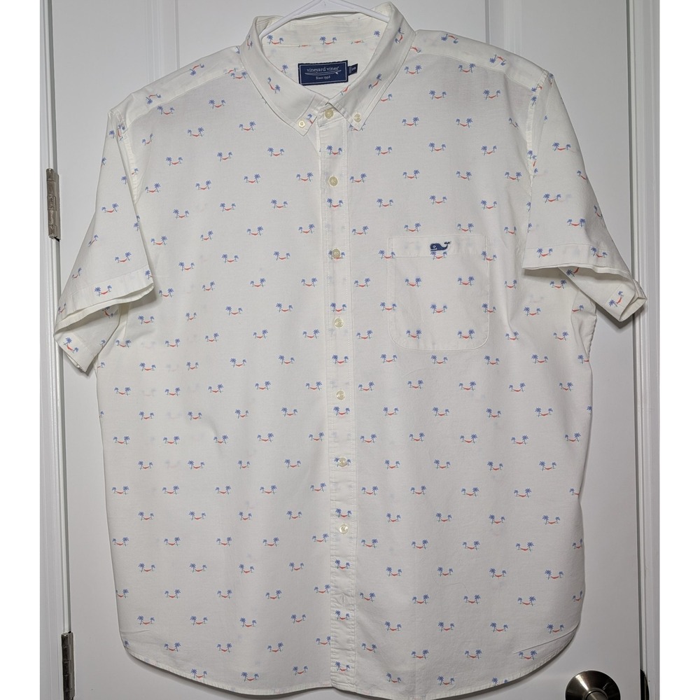 Vineyard Vines Mens 2XB White Palm Tree Hammock Print Short Sleeve Button Down